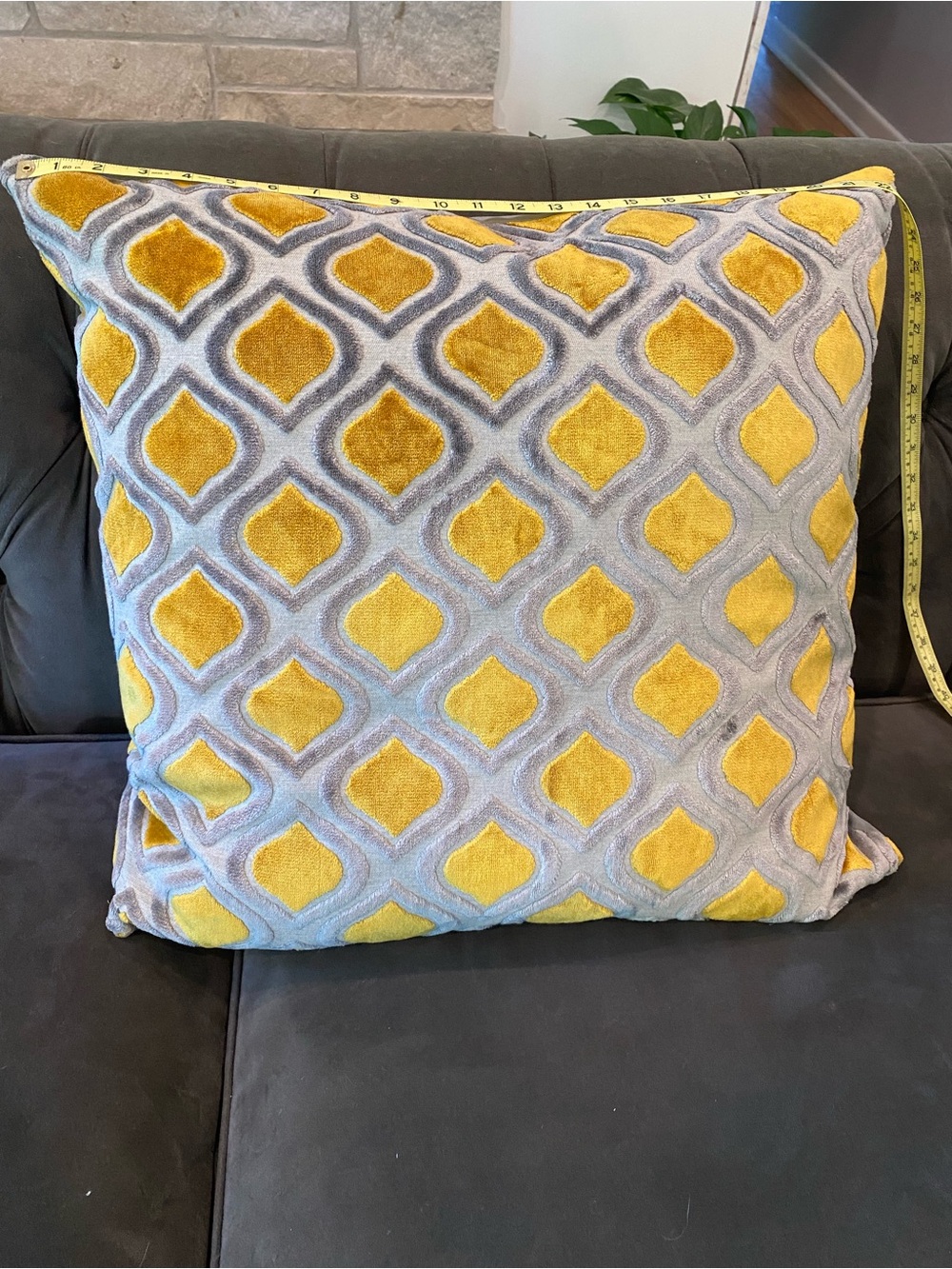 Caldeira UK luxury down feather fill mustard gray geometric large throw pillow - Picture 3 of 4